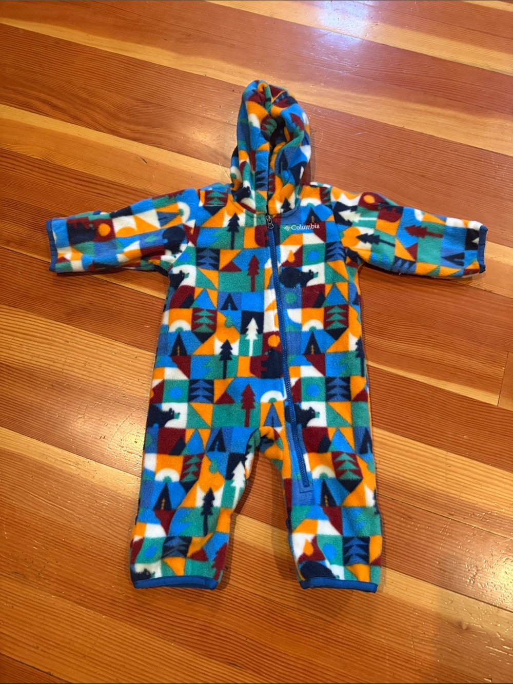 Columbia Blue Teal Orange Multi Fleece Hooded One-Piece